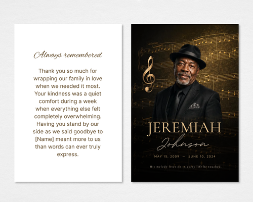Golden Notes Memorial Thank You Card Template — black and gold music-themed front with treble clef and sheet music overlay, white back with Always Remembered script header and editable thank you message