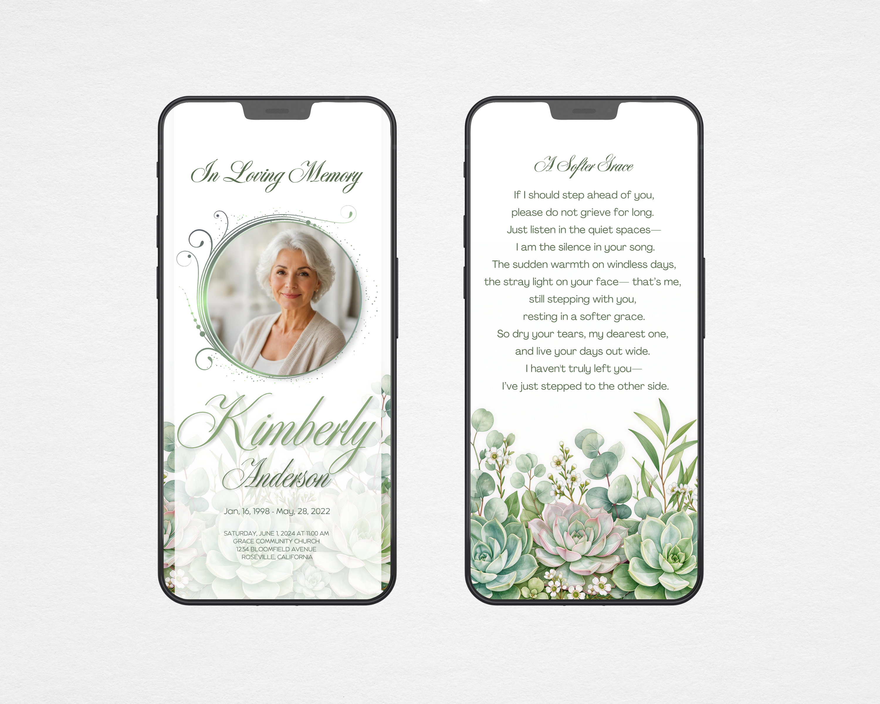 Green succulents and eucalyptus watercolor funeral program template — Canva editable design with ornate scroll circle photo frame, sage green botanical background, and A Softer Grace poem