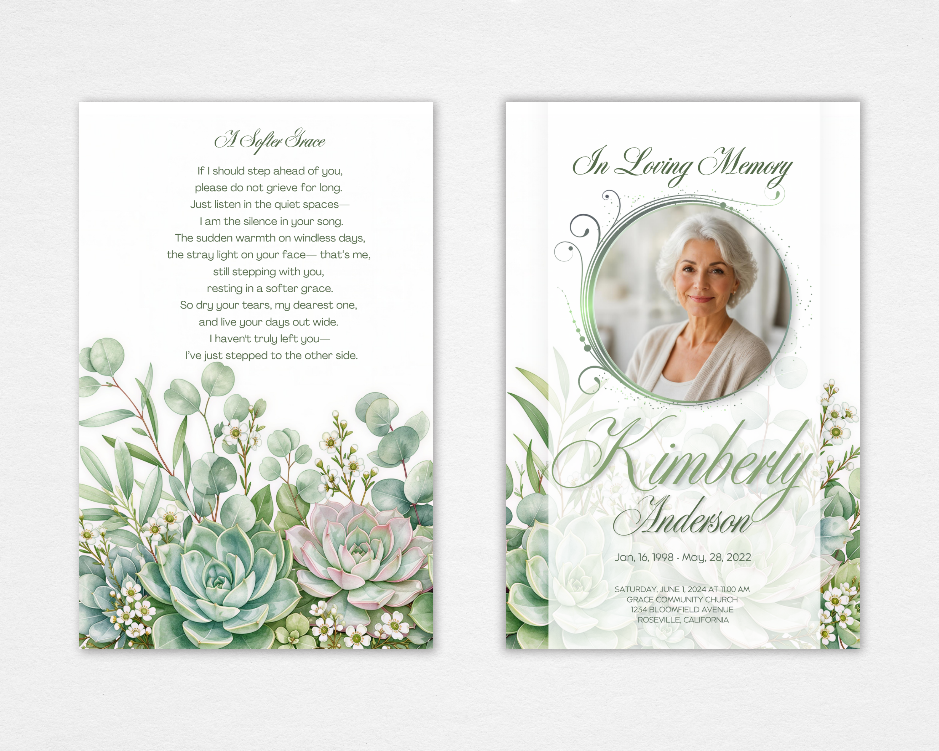 Green succulents and eucalyptus funeral program template — front cover with ornate scroll circle photo frame and back cover with A Softer Grace poem