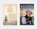 Western Winds funeral program template — flat lay showing navy and gold magazine-style cover with bold WESTERN WINDS masthead, cowboy portrait, golden sunset landscape, and Ride Commenced / Ride Concluded date format; interior with sepia horseback rider silhouette, horseshoe motif, The Final Ride poem, and family acknowledgment section