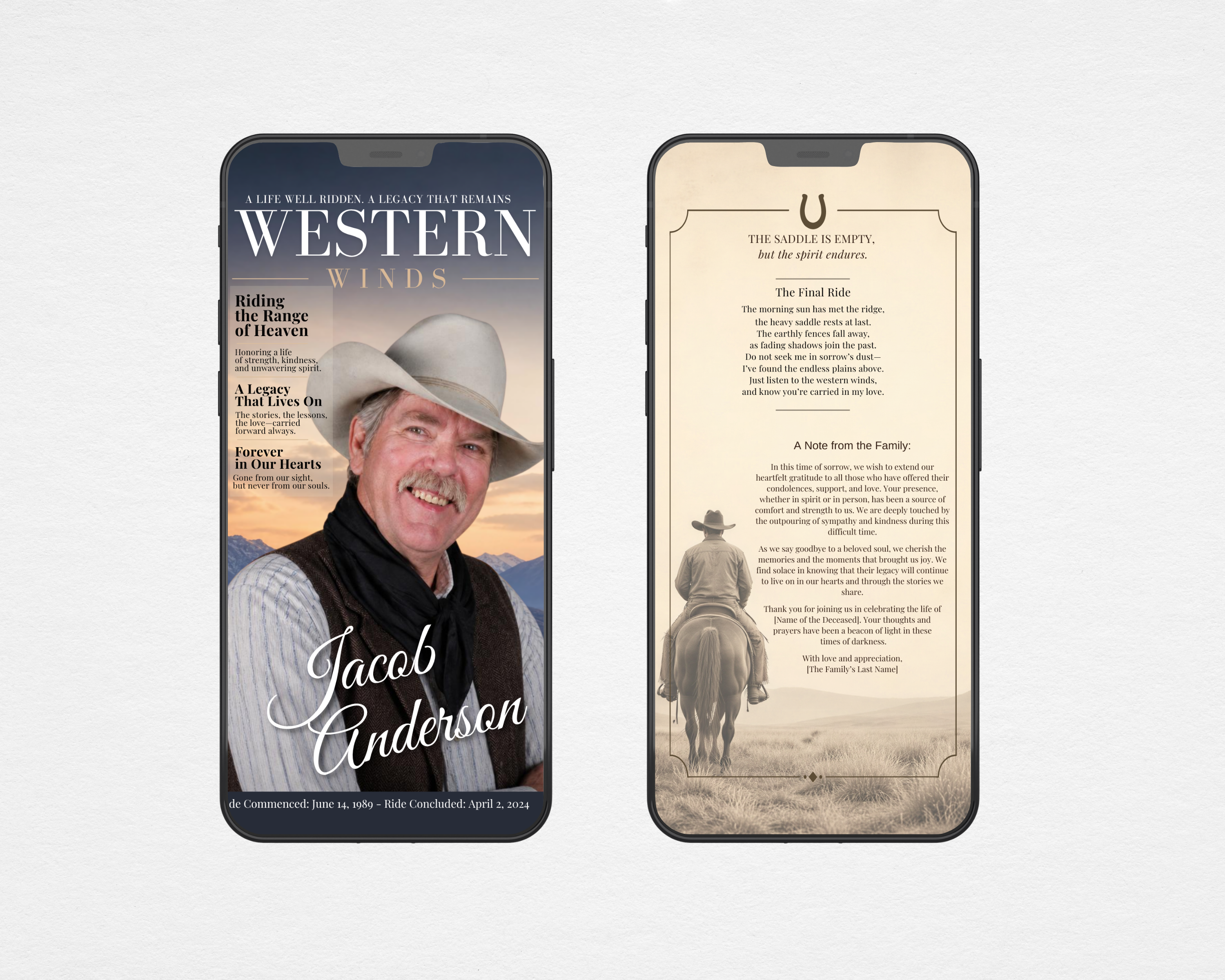 Western Winds digital funeral program template shown on two smartphones — front cover with navy and gold WESTERN WINDS magazine masthead, cowboy portrait, and golden sunset; back panel with sepia rider silhouette, horseshoe motif, and The Final Ride poem, optimized for sharing on social media, via text, or email