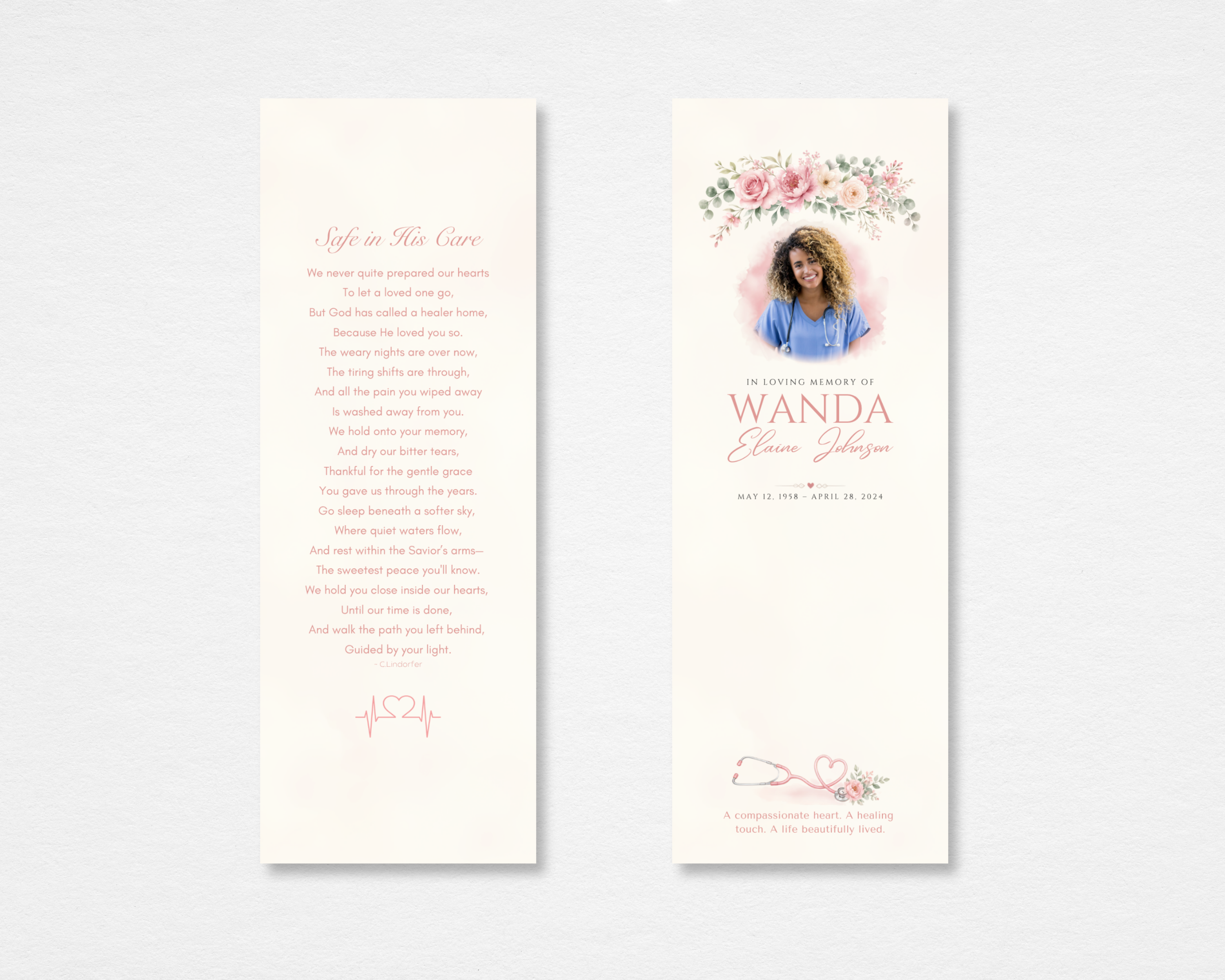 Gentle Hands Memorial Bookmark Template — soft pink watercolor roses, nurse stethoscope motif, original poem Safe in His Care on back, editable in Canva, instant download