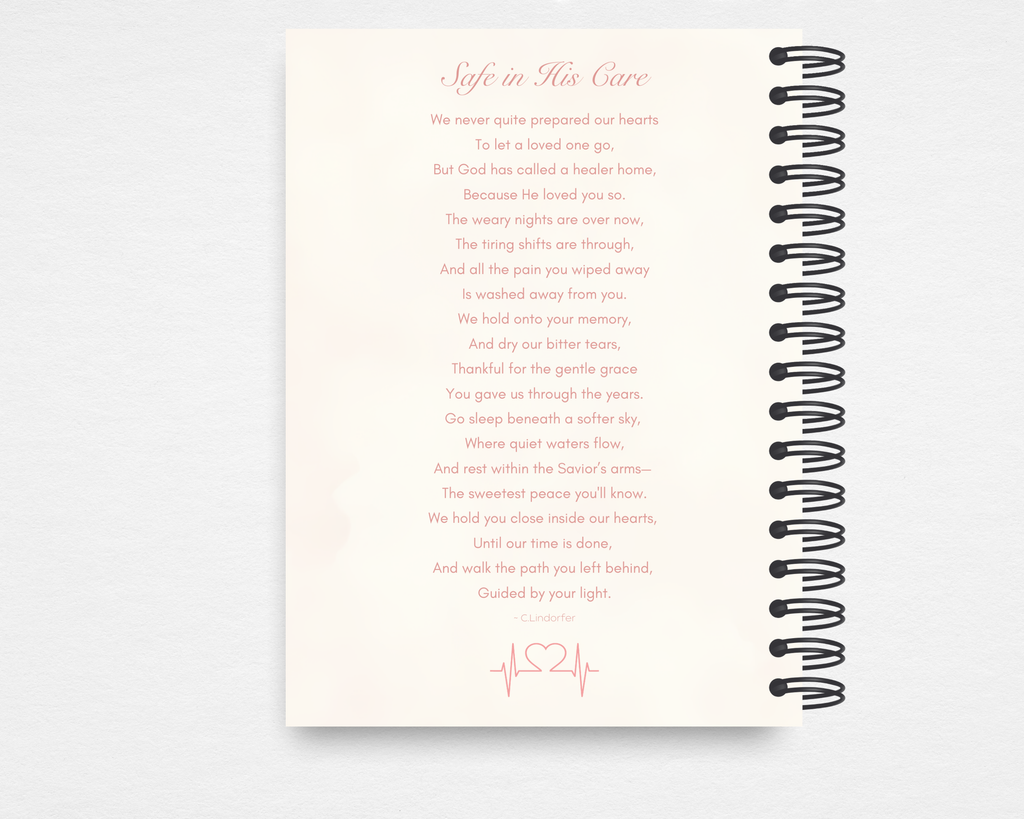 Gentle Hands Memorial Guest Book back cover — Safe in His Care original poem in flowing script with pink heartbeat EKG line, cream background, Canva editable instant download
