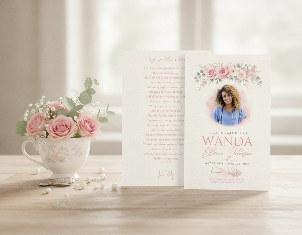 Gentle Hands Memorial Prayer Card lifestyle mockup — front and back of nurse memorial prayer card displayed with pink roses, teacup, and pearl beads on wooden table

