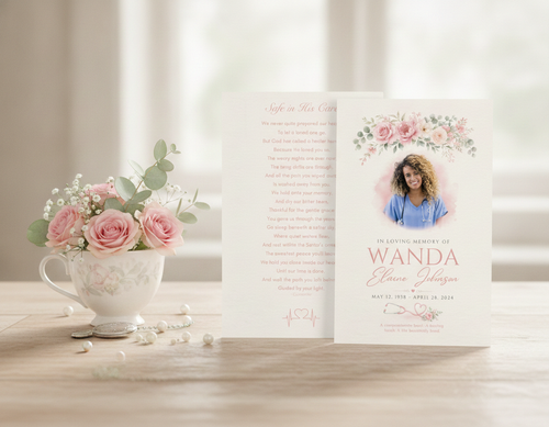 Gentle Hands Memorial Prayer Card lifestyle mockup — front and back of nurse memorial prayer card displayed with pink roses, teacup, and pearl beads on wooden table
