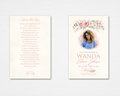 Gentle Hands Memorial Prayer Card Template — soft pink watercolor roses, nurse stethoscope motif, circular portrait frame, original poem "Safe in His Care," editable in Canva, instant download