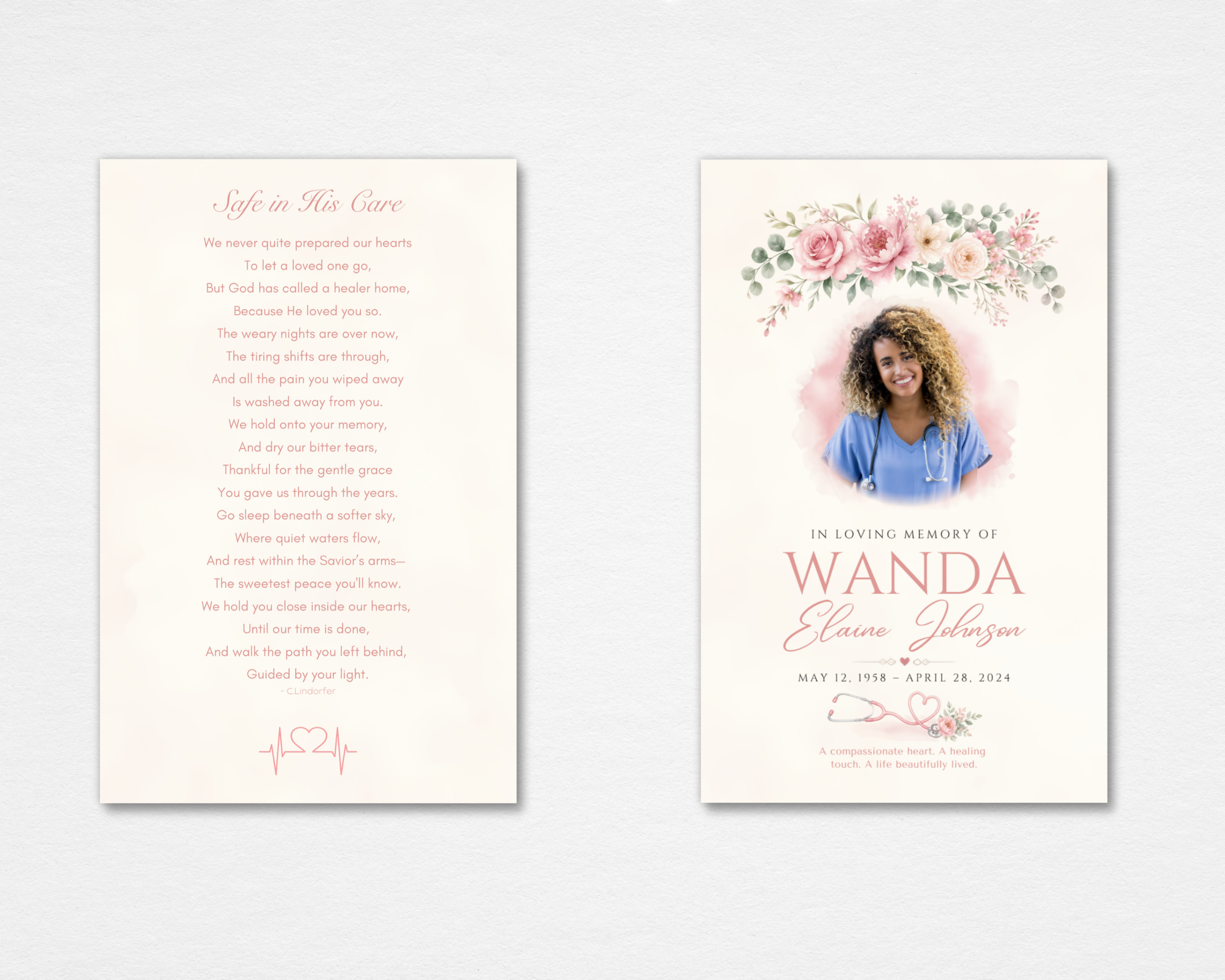 Gentle Hands Memorial Prayer Card Template — soft pink watercolor roses, nurse stethoscope motif, circular portrait frame, original poem "Safe in His Care," editable in Canva, instant download