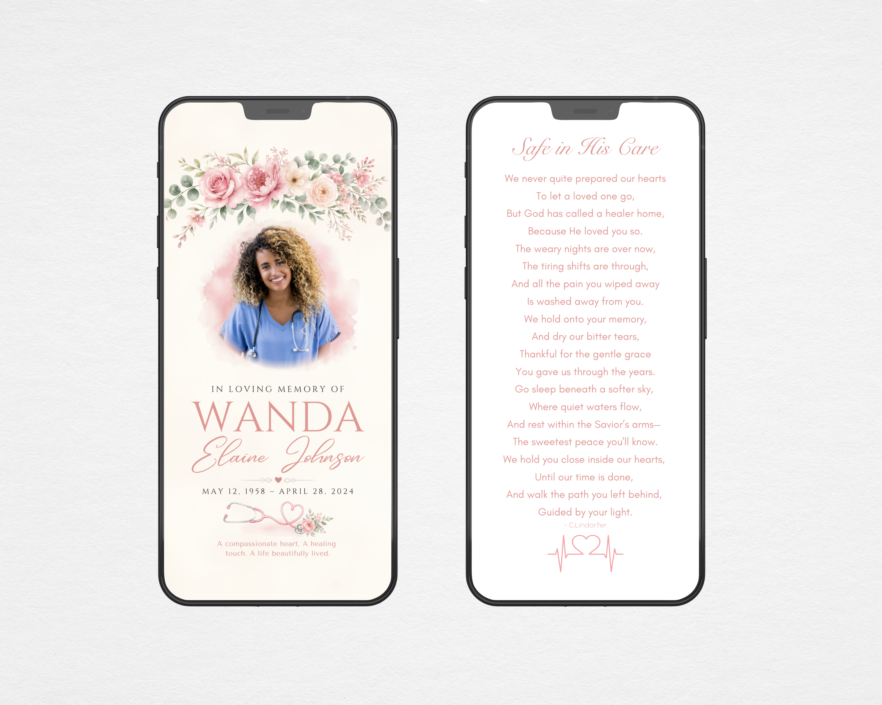 Nurse funeral program template – Gentle Hands — digital version shown on two mobile phones, front cover with blended portrait and floral arch, back cover with Safe in His Care poem