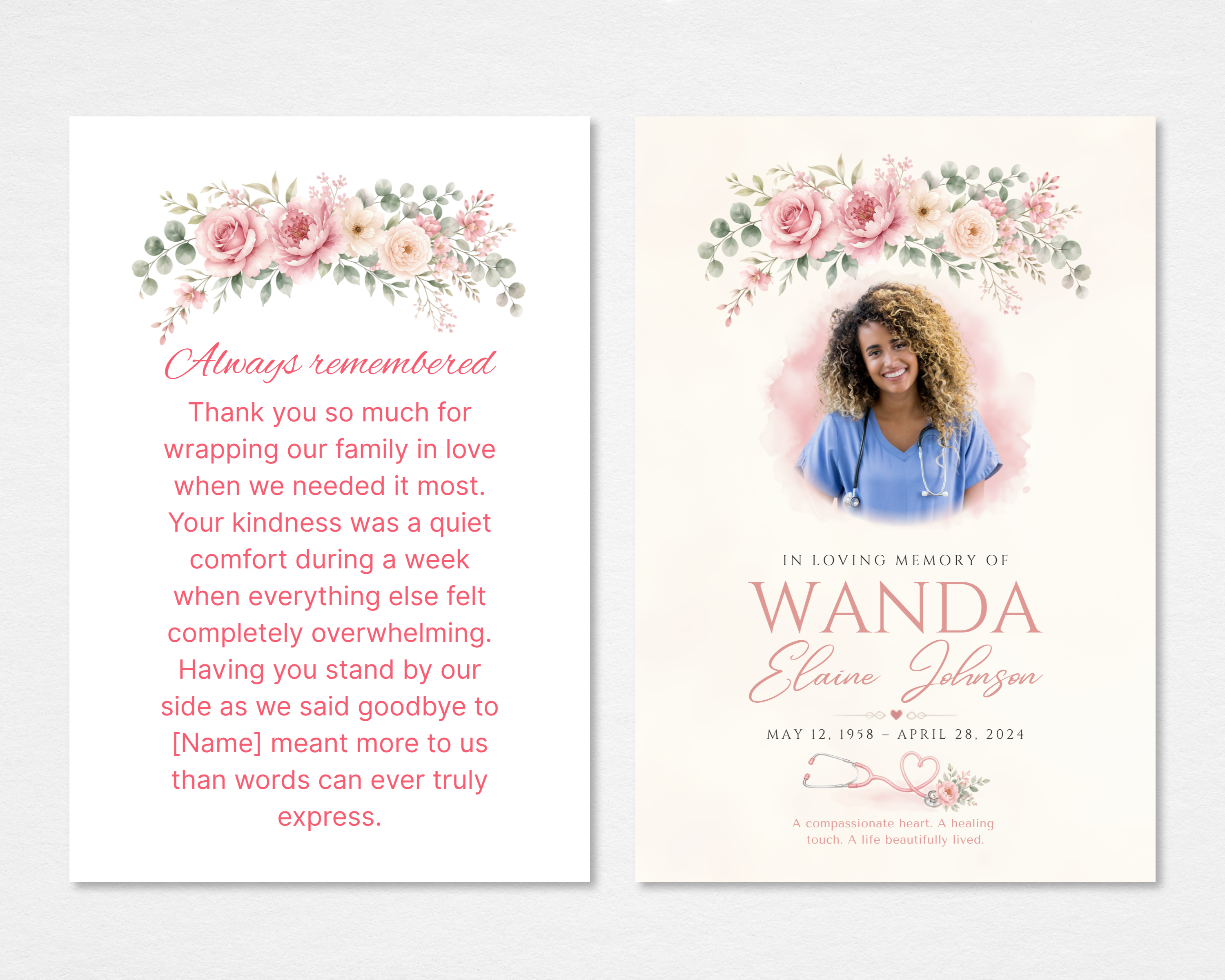 Gentle Hands Memorial Thank You Card — Canva editable 4x6 flat card with soft blush roses, eucalyptus, and stethoscope heart motif for nurse or caregiver memorial