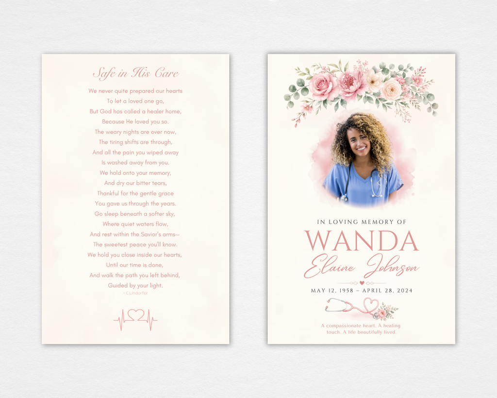 Nurse funeral program template – Gentle Hands — flat unfolded view showing front cover with blended portrait, pink rose and eucalyptus floral arch, stethoscope heart icon, and back cover with Safe in His Care poem and EKG heartbeat line