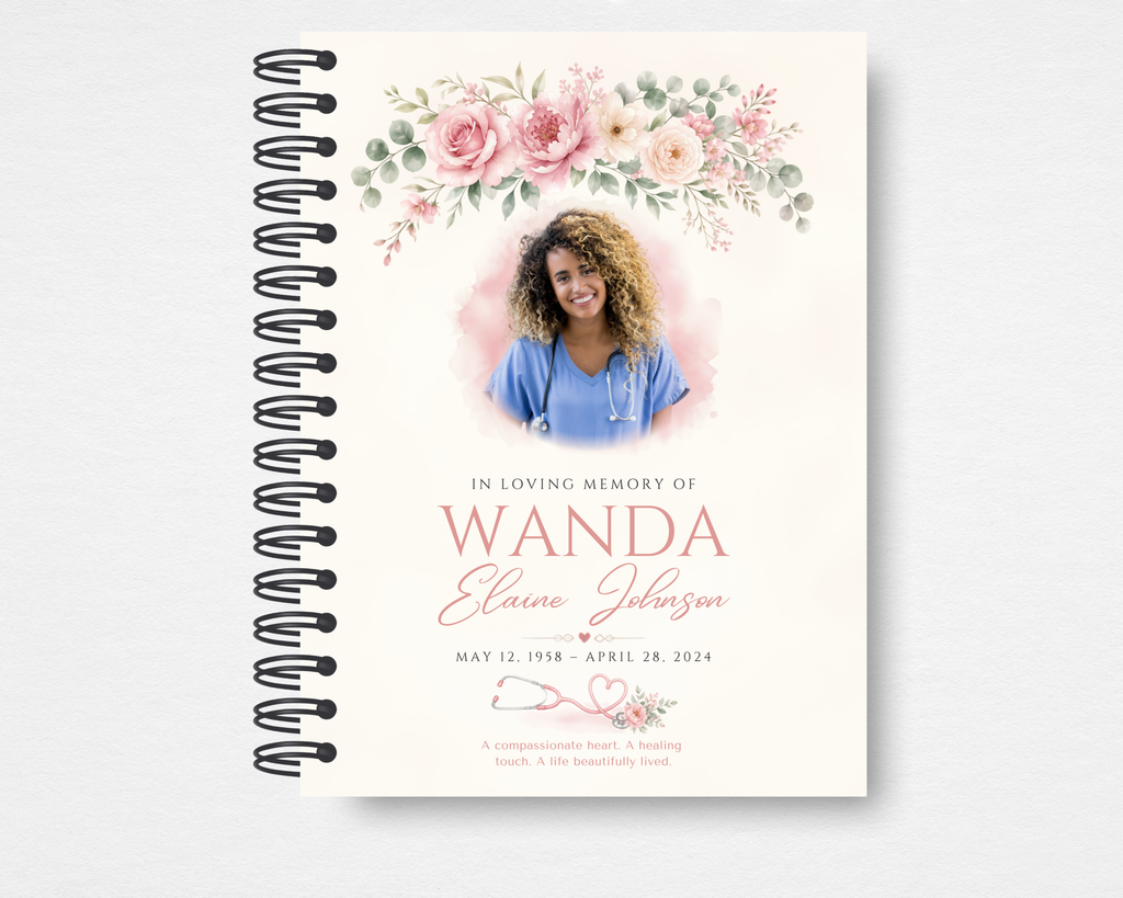 Gentle Hands Memorial Guest Book Template — cream cover with pink roses and eucalyptus florals, blended watercolor portrait, stethoscope heart icon, nurse and
