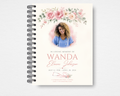 Gentle Hands Memorial Guest Book Template — cream cover with pink roses and eucalyptus florals, blended watercolor portrait, stethoscope heart icon, nurse and
