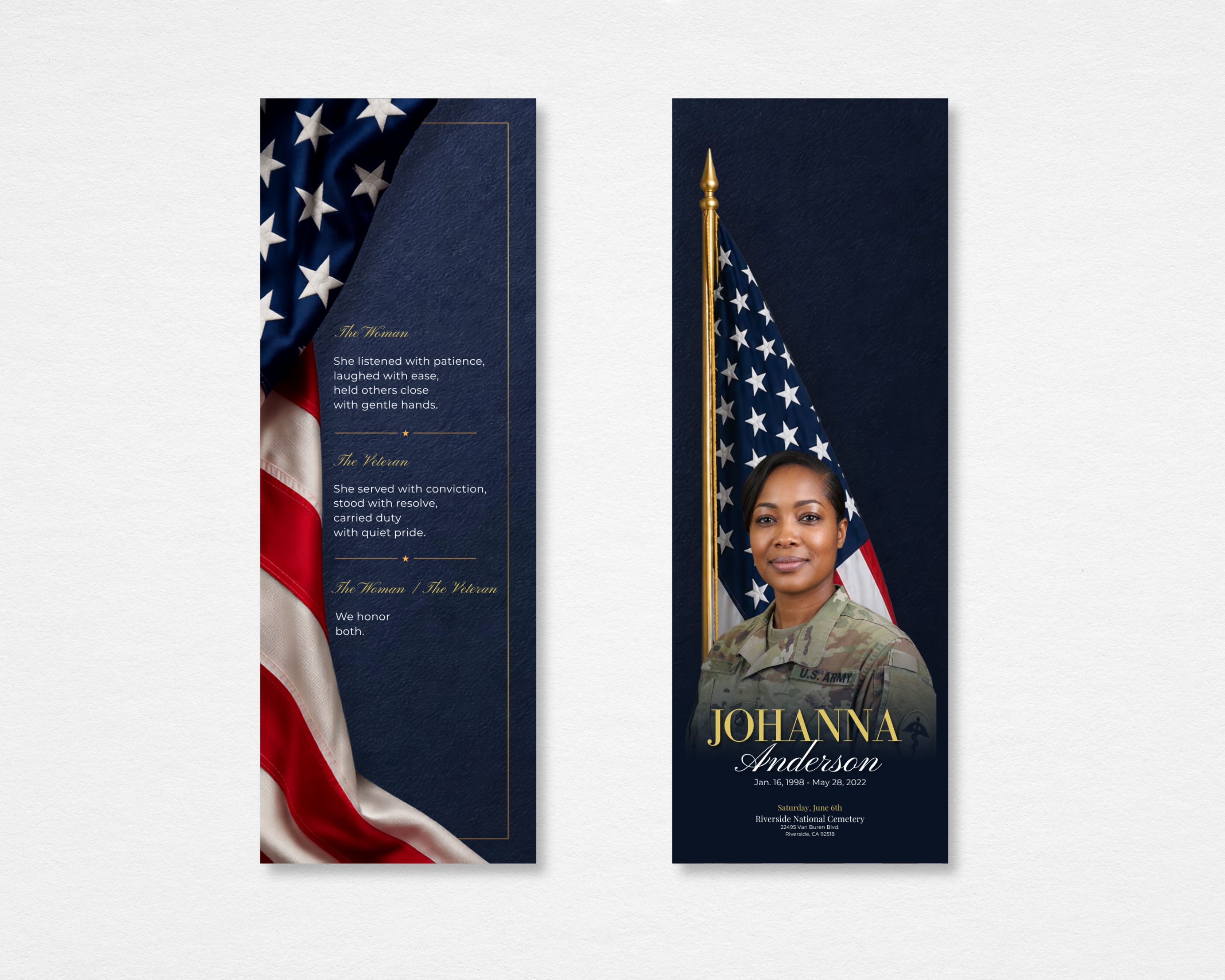 Home of the Brave Memorial Bookmark — front side shows a draped American flag on a deep navy background with gold accents and The Woman the Veteran poem in elegant script; back side features a female soldier in uniform standing before a flag pole with space for name, dates, and service details