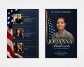 Home of the Brave patriotic funeral program template front cover and back page, navy and gold American flag design with photo frames
