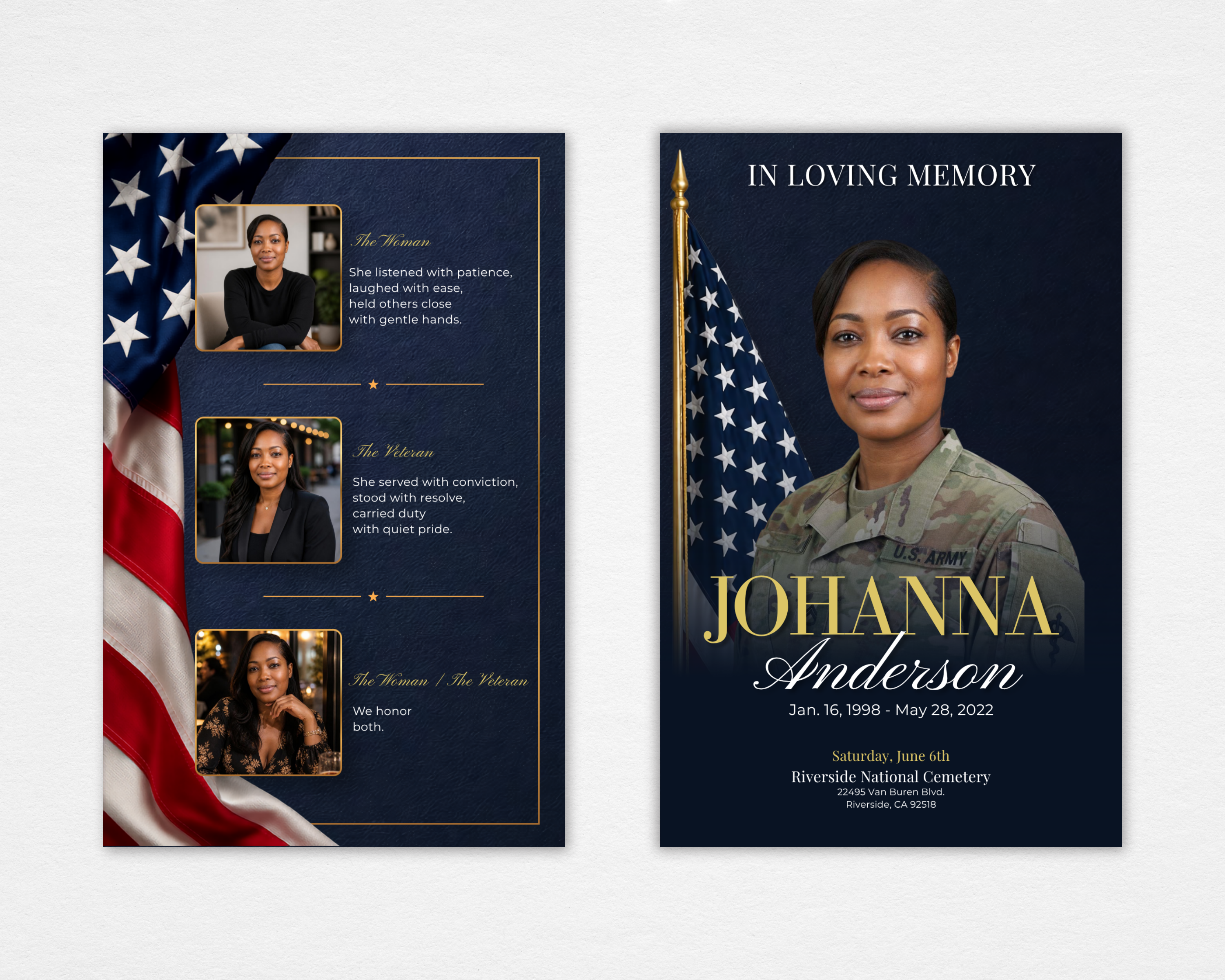 Home of the Brave patriotic funeral program template front cover and back page, navy and gold American flag design with photo frames