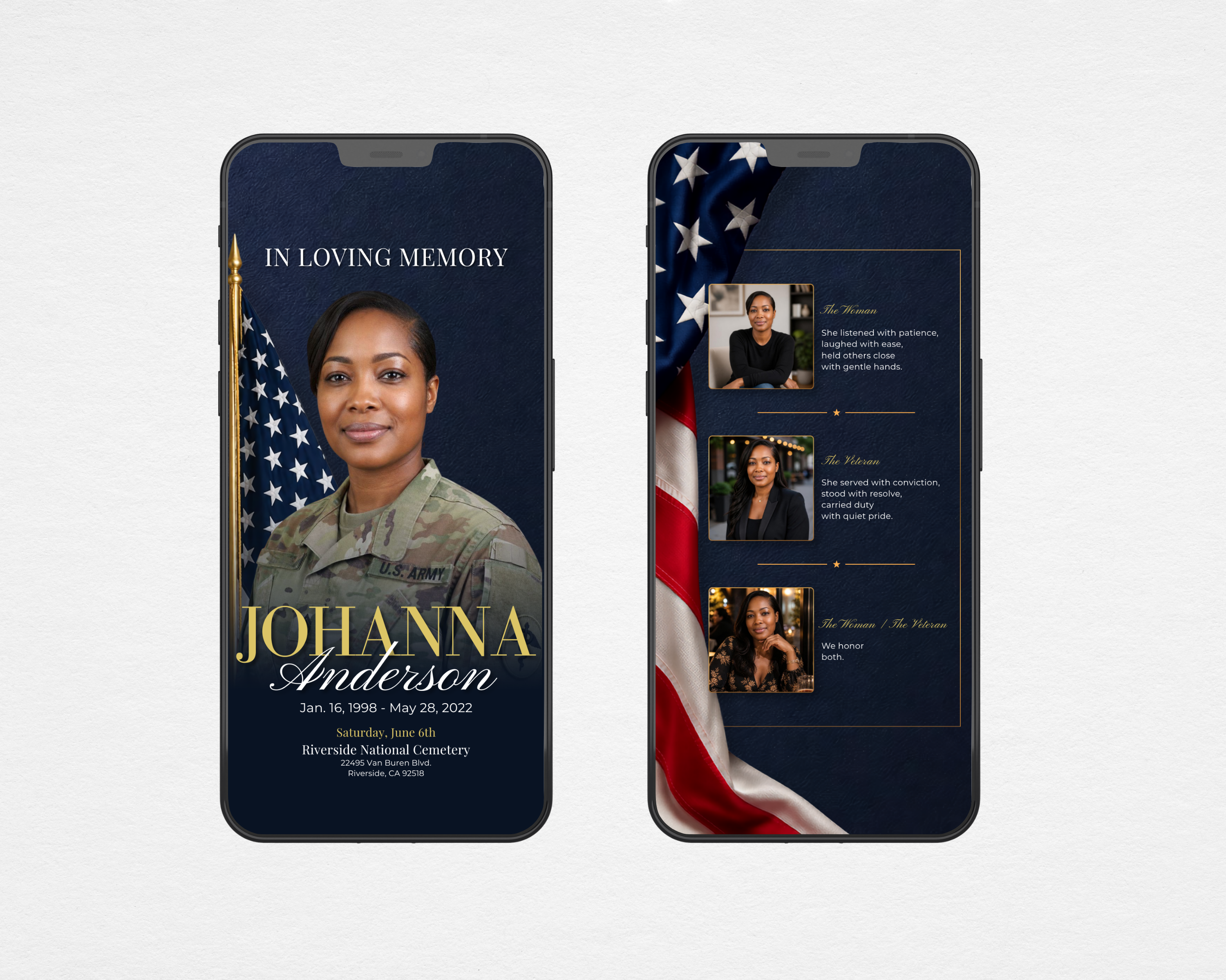 Home of the Brave patriotic funeral program digital version shown on two phones, navy and gold American flag design for sharing by text and social media