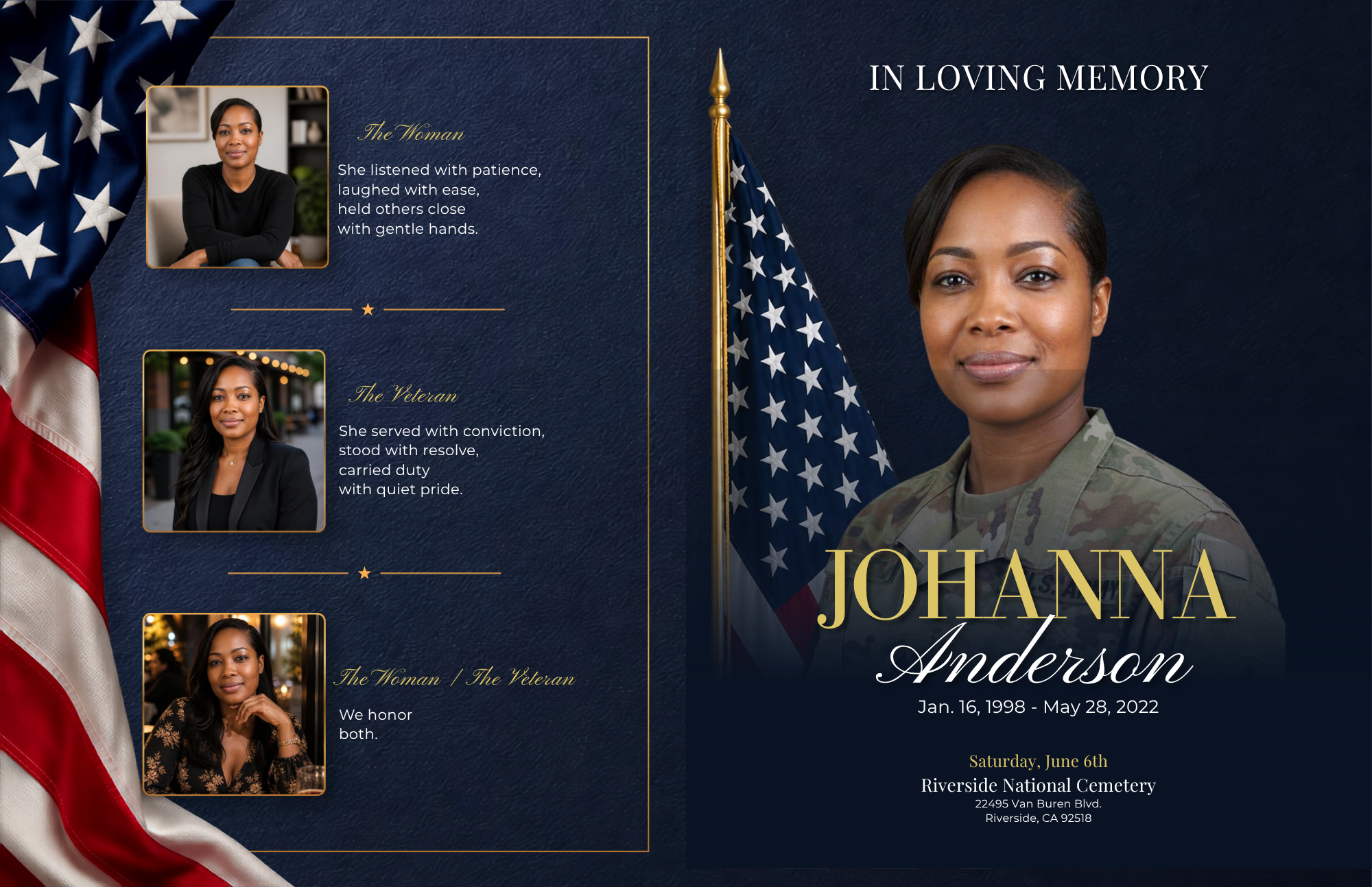 Home of the Brave patriotic funeral program template, navy and gold American flag design, tabloid size front cover and back page