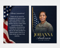 Home of the Brave Memorial Thank You Card — front side features a female soldier in U.S. Army uniform standing before an American flag on a deep navy background with bold gold name typography; back side shows a draped flag design with Always Remembered thank you message in elegant script