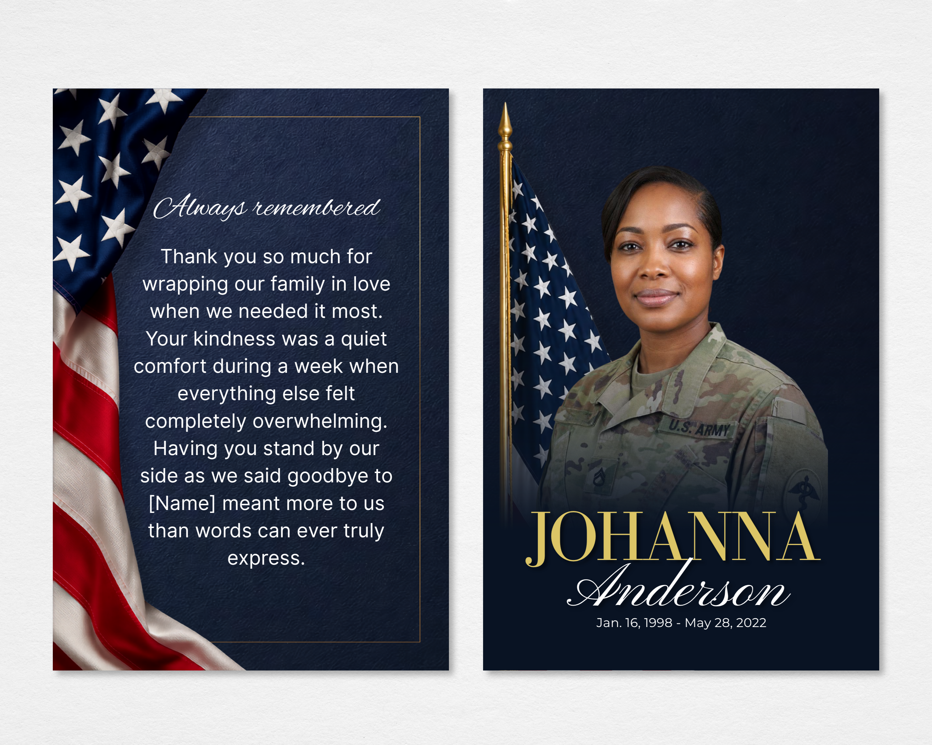 Home of the Brave Memorial Thank You Card — front side features a female soldier in U.S. Army uniform standing before an American flag on a deep navy background with bold gold name typography; back side shows a draped flag design with Always Remembered thank you message in elegant script