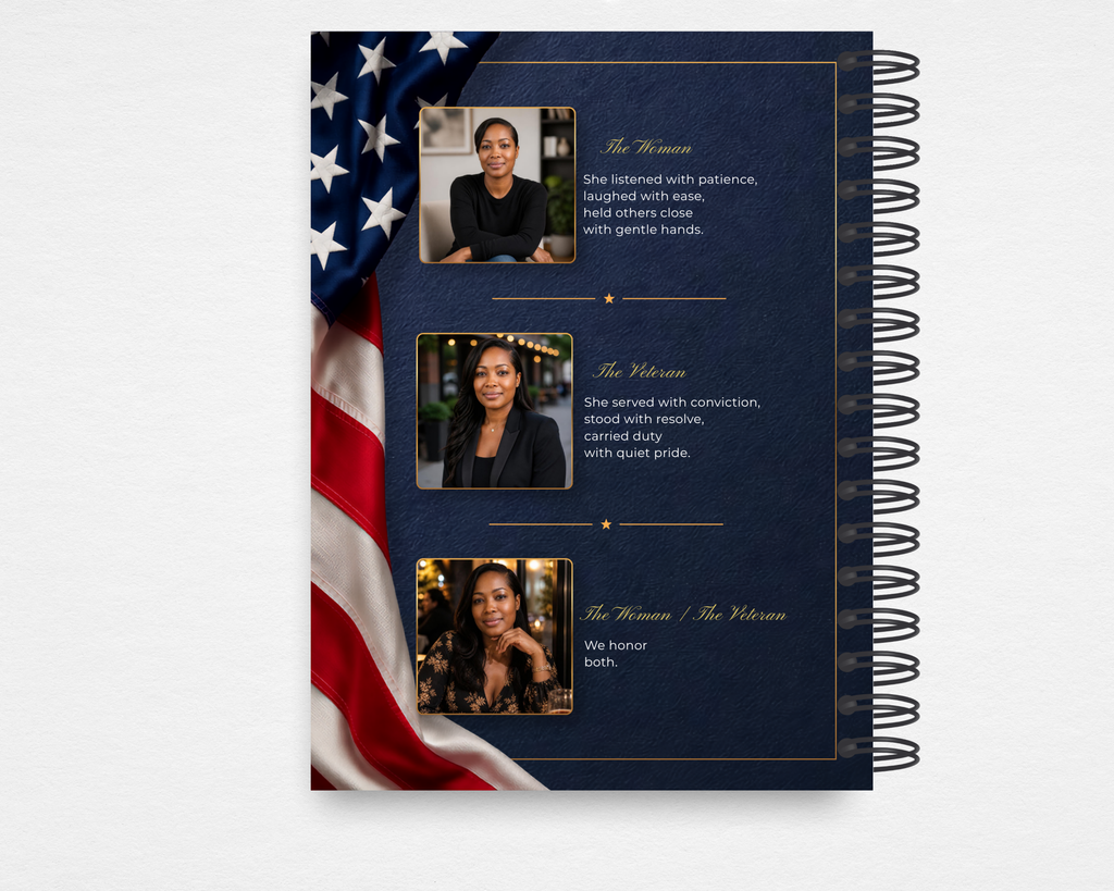 Home of the Brave Memorial Guest Book interior — The Woman, the Veteran poem page with three photo placeholders, navy and gold design, original poem by C. Lindorfer
