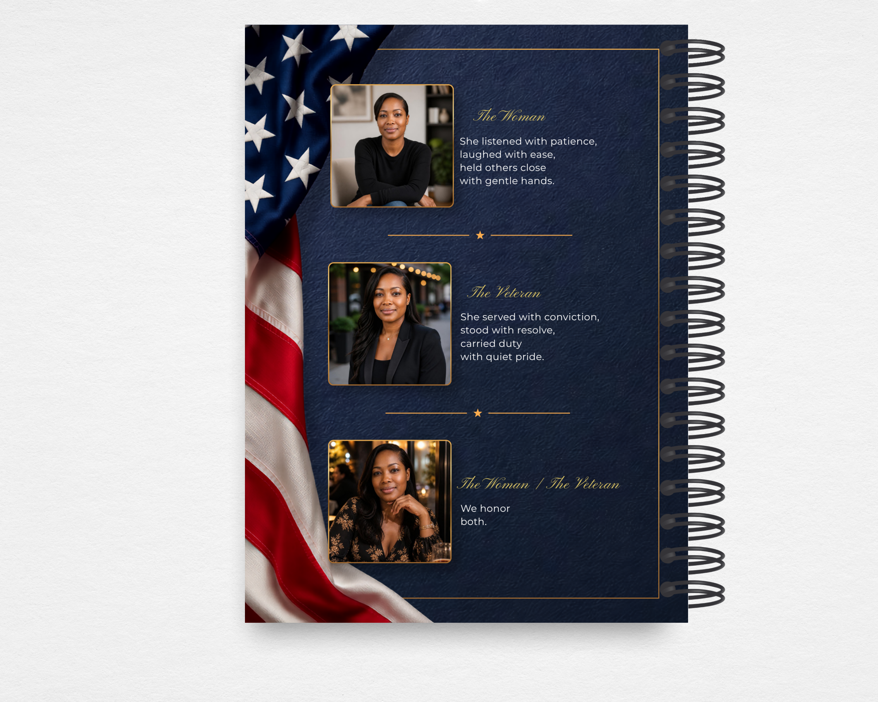 Home of the Brave Memorial Guest Book interior — The Woman, the Veteran poem page with three photo placeholders, navy and gold design, original poem by C. Lindorfer
