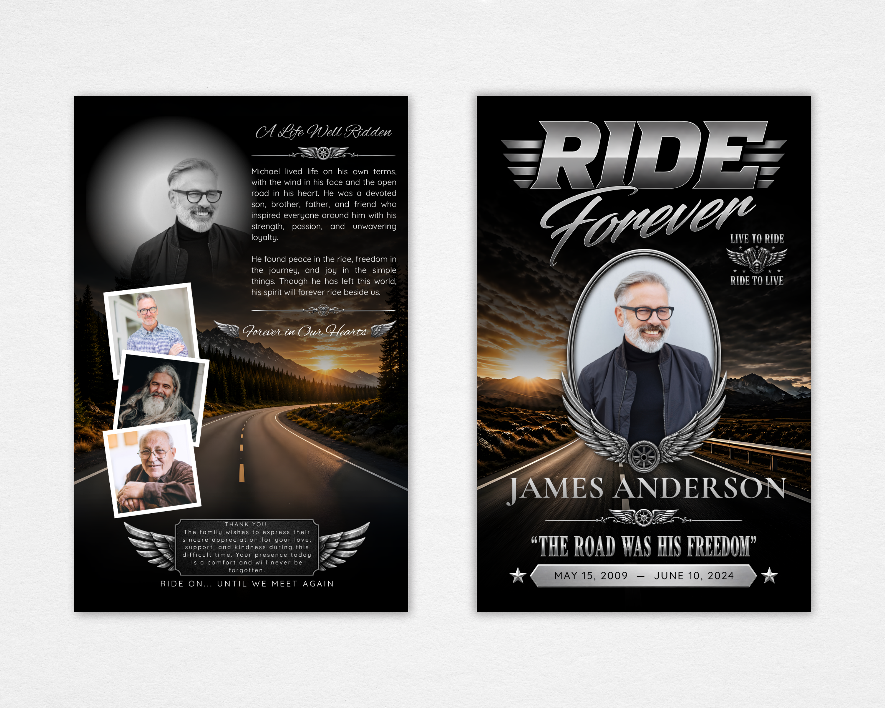 Motorcycle funeral program template front cover editable Canva design instant download