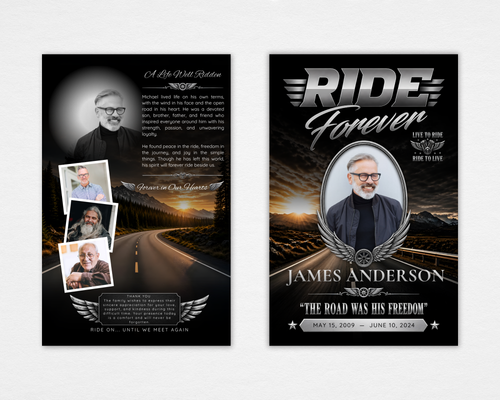 Motorcycle funeral program template front cover editable Canva design instant download