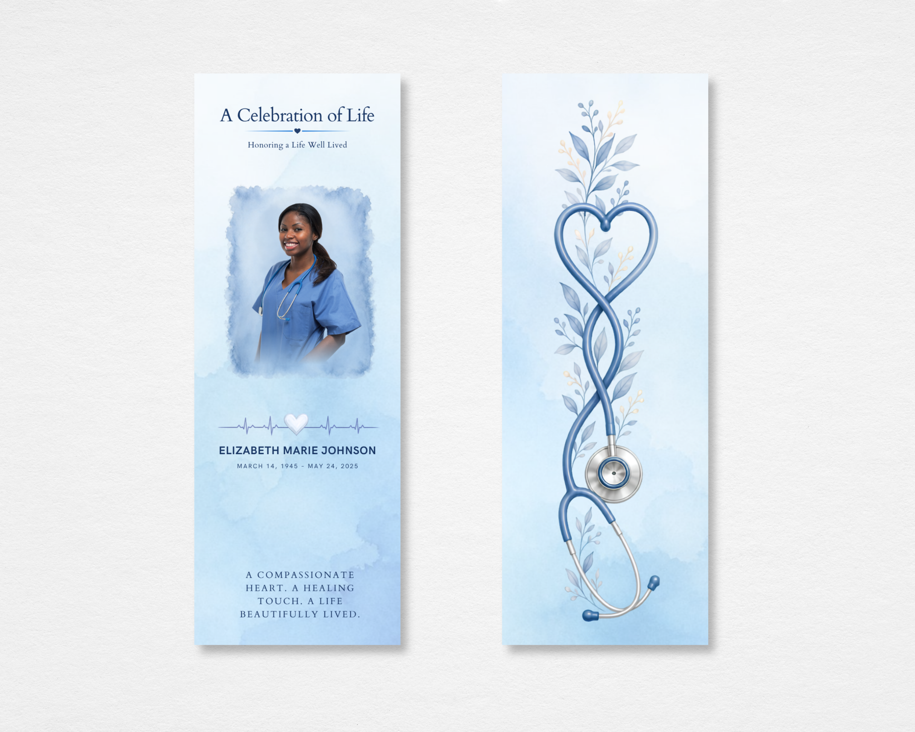 Steady Hands memorial bookmark template — soft blue watercolor with nurse photo placeholder on front and heart stethoscope botanical design on back, editable Canva instant download