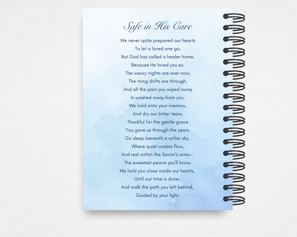 Steady Hands memorial guest book back cover — soft blue watercolor with original poem "Safe in His Care" by C. Lindorfer, editable Canva template for nurse and healthcare worker memorials