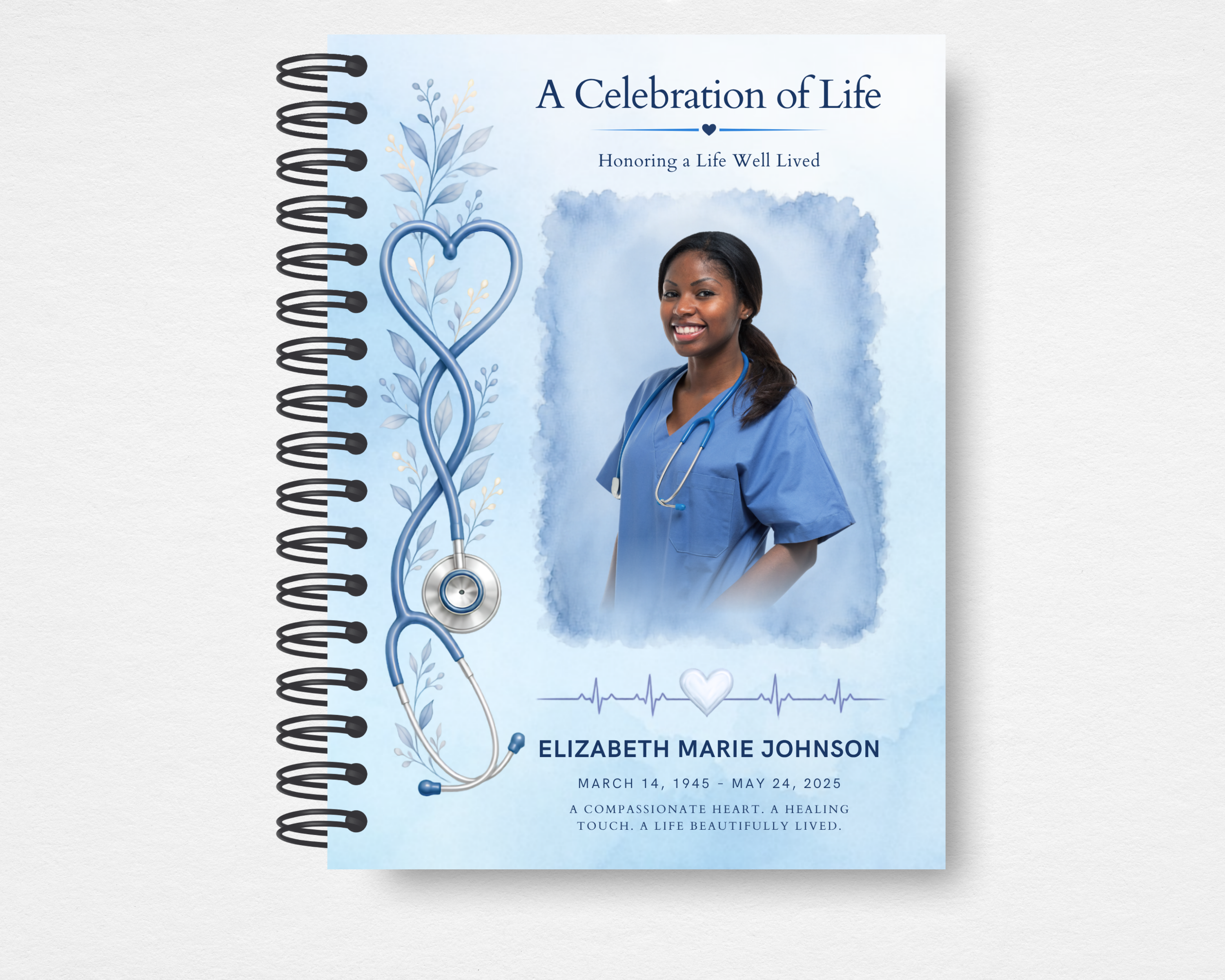 Steady Hands memorial guest book template — soft blue watercolor spiral notebook with heart stethoscope design, nurse photo placeholder, and heartbeat line, editable Canva instant download