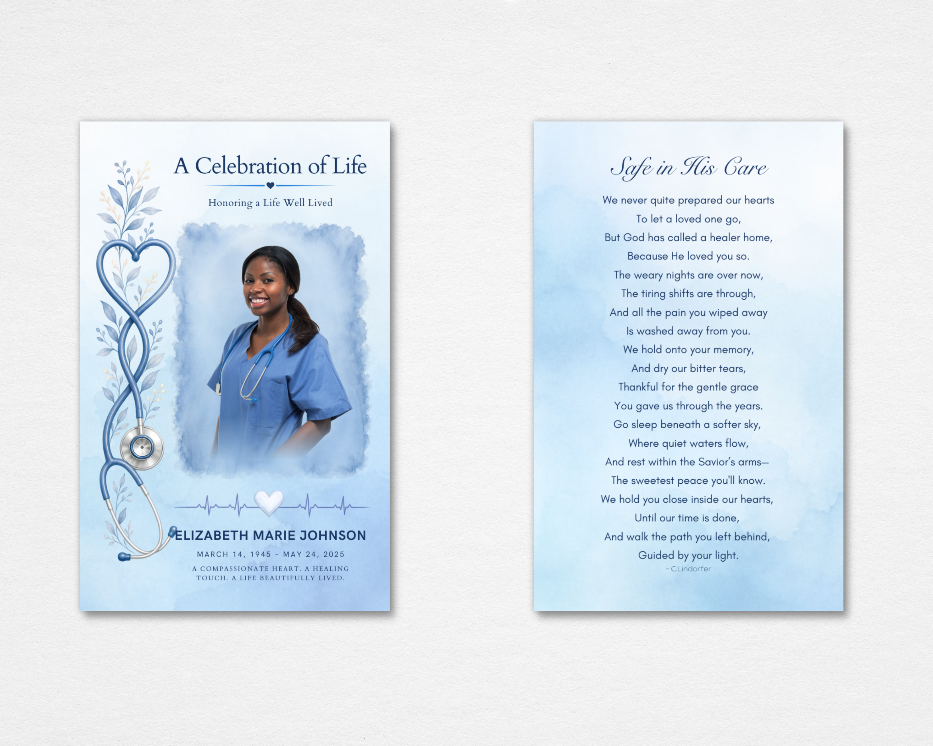 Steady Hands memorial prayer card template — soft blue watercolor with heart stethoscope design, front and back shown, editable Canva instant download for nurse and healthcare worker memorials