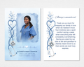 Steady Hands memorial thank you card template — soft blue watercolor with heart stethoscope design, front and back shown, editable Canva instant download for nurse and healthcare worker memorials