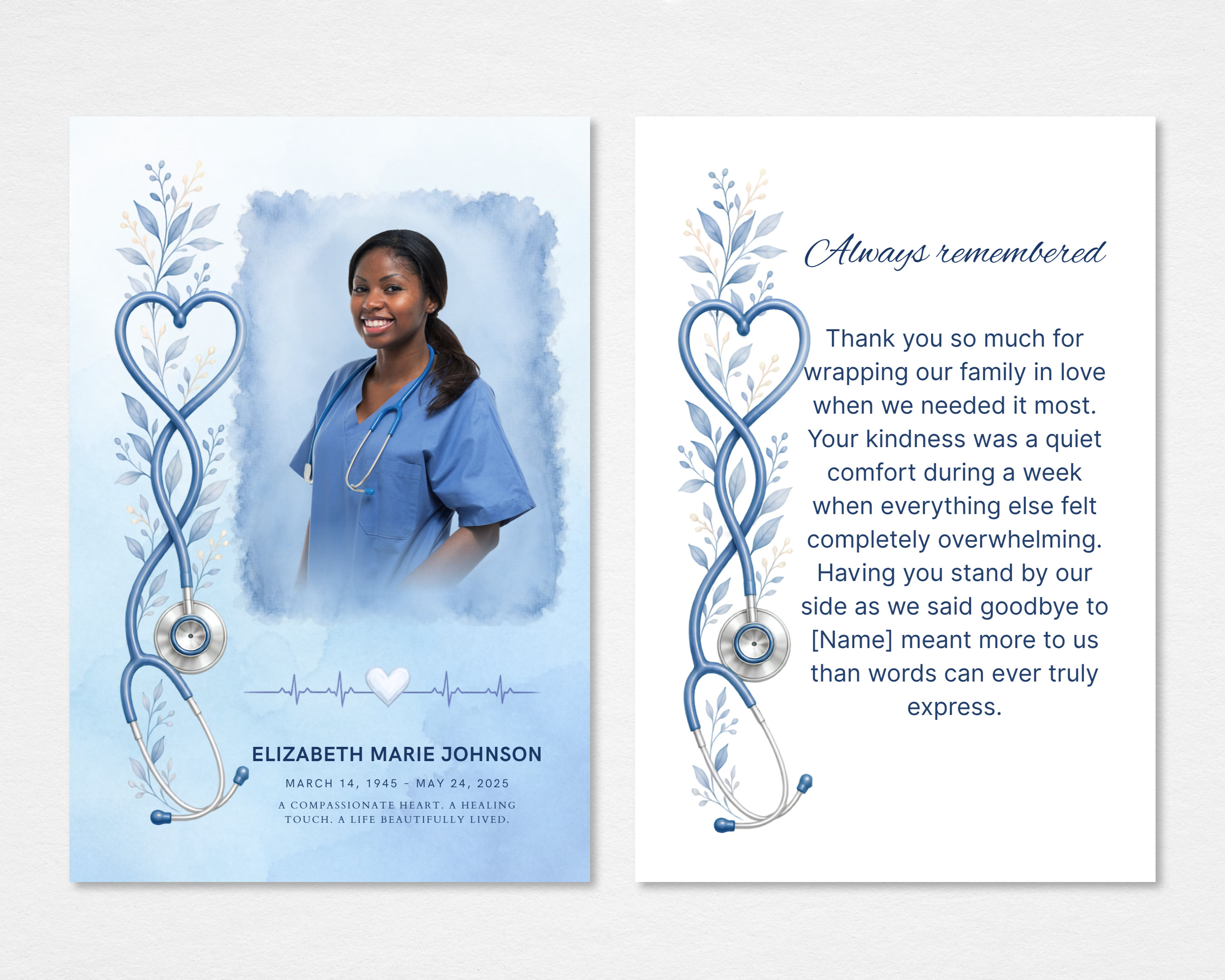 Steady Hands memorial thank you card template — soft blue watercolor with heart stethoscope design, front and back shown, editable Canva instant download for nurse and healthcare worker memorials