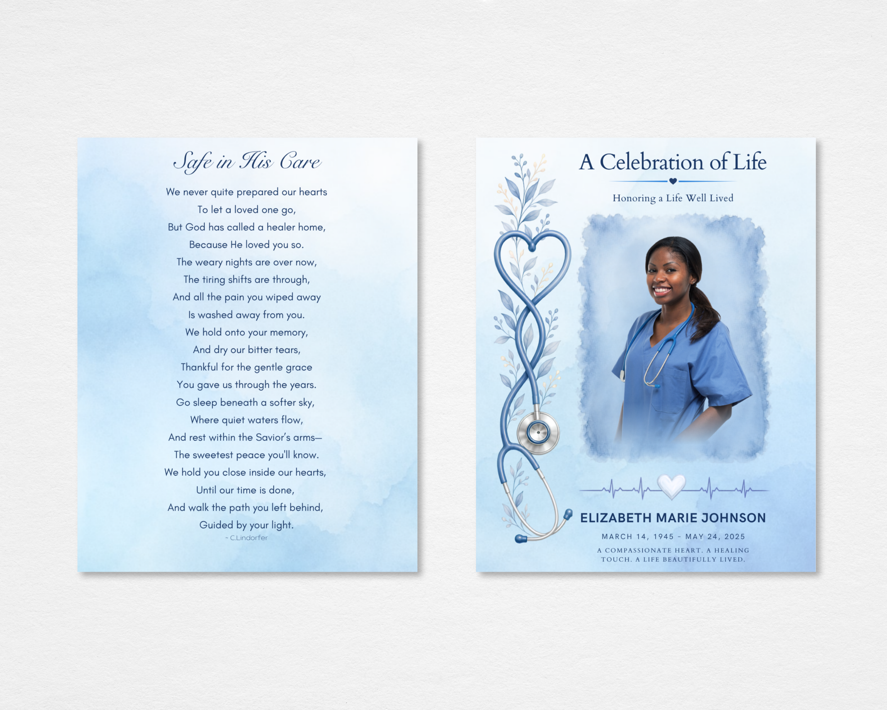 Steady Hands memorial funeral program template — tabloid size, soft blue watercolor with heart stethoscope design and original poem, editable Canva instant download