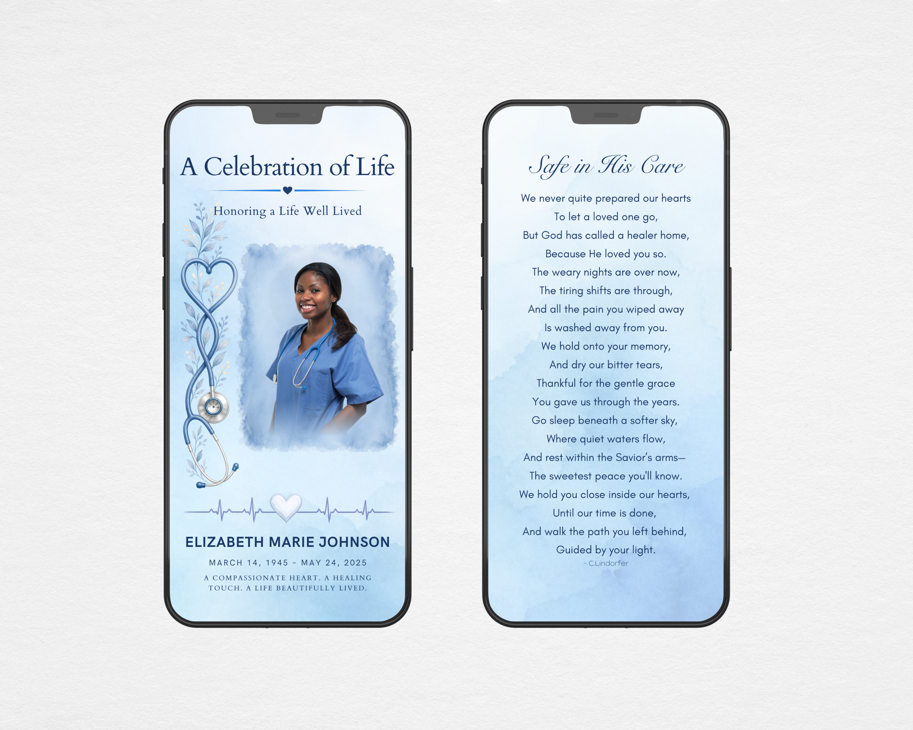 Nurse and healthcare funeral program template shown on two phones — front cover with stethoscope heart design, and back with poem.