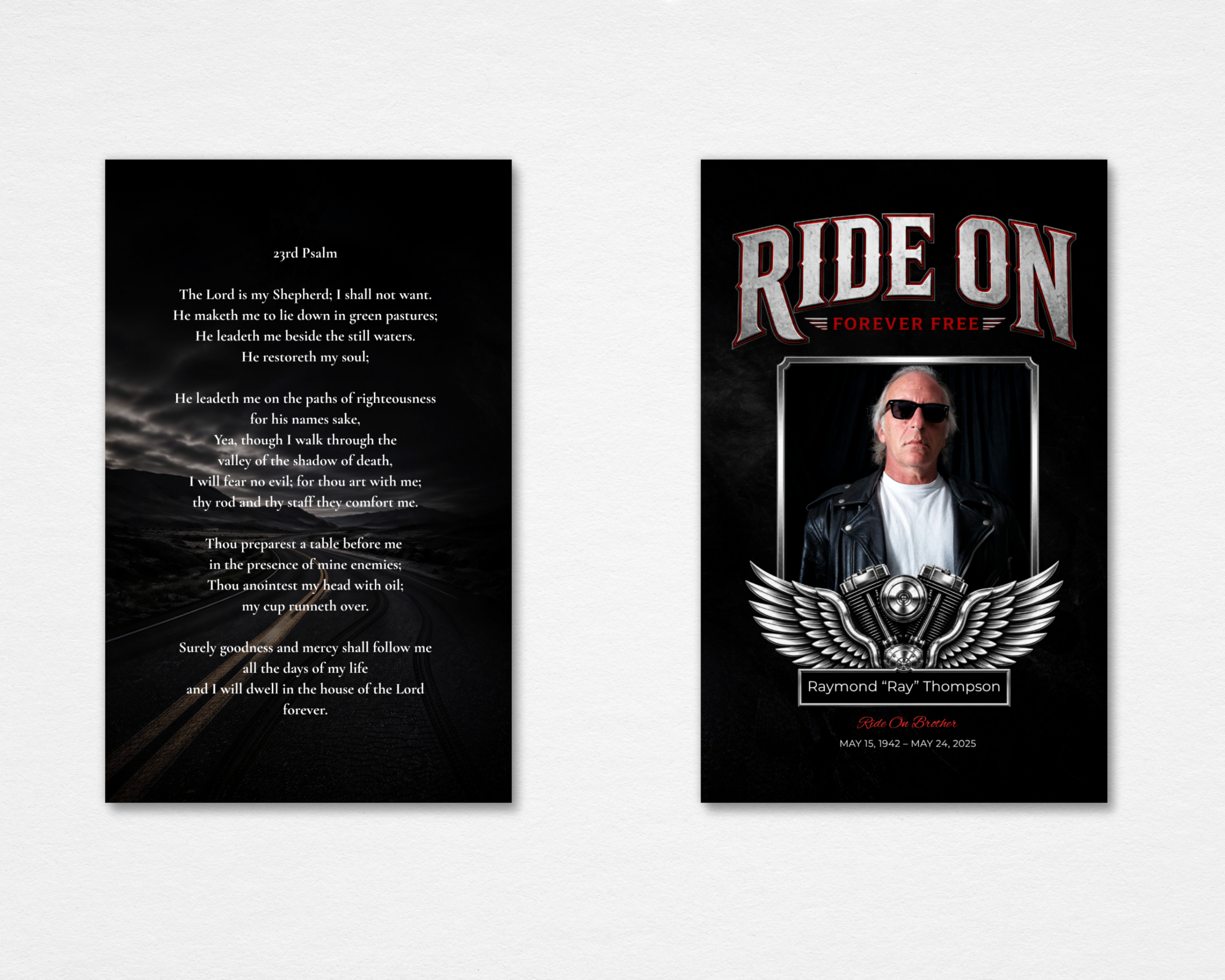 Ride On Brother biker motorcycle memorial prayer card featuring winged engine emblem — Canva editable instant download