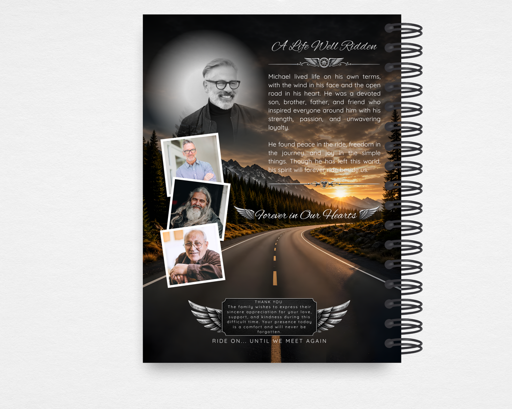 Dark Highway Memorial Guest Book interior page — "A Life Well Ridden" tribute section with blended portrait photos, highway sunset background, and "Forever in Our Hearts" sentiment. Motorcycle biker memorial design.
