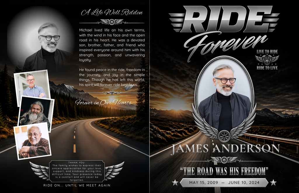 Dark Highway funeral program front and back — black background, open highway sunset landscape, chrome winged wheel emblem, oval portrait frame, bold RIDE FOREVER typography, Live to Ride badge, script A Life Well Ridden interior with photo collage and Ride On closing (tabloid)