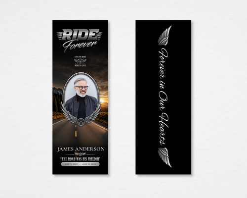 Dark Highway Memorial Bookmark — front and back view showing chrome Ride Forever headline, silver wing artwork, dark highway background, and Forever in Our Hearts back design. Canva editable instant download.