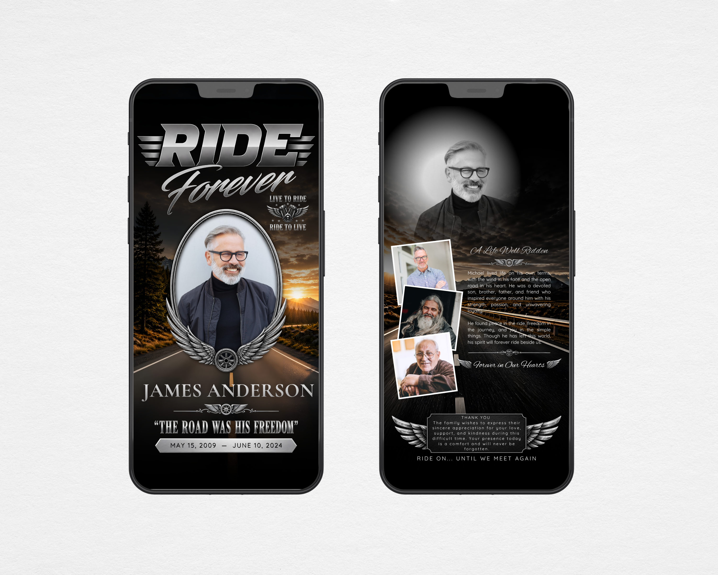 Motorcycle funeral program template shown on  two phones — front cover with chrome Ride Forever headline and silver wings, and last page or back