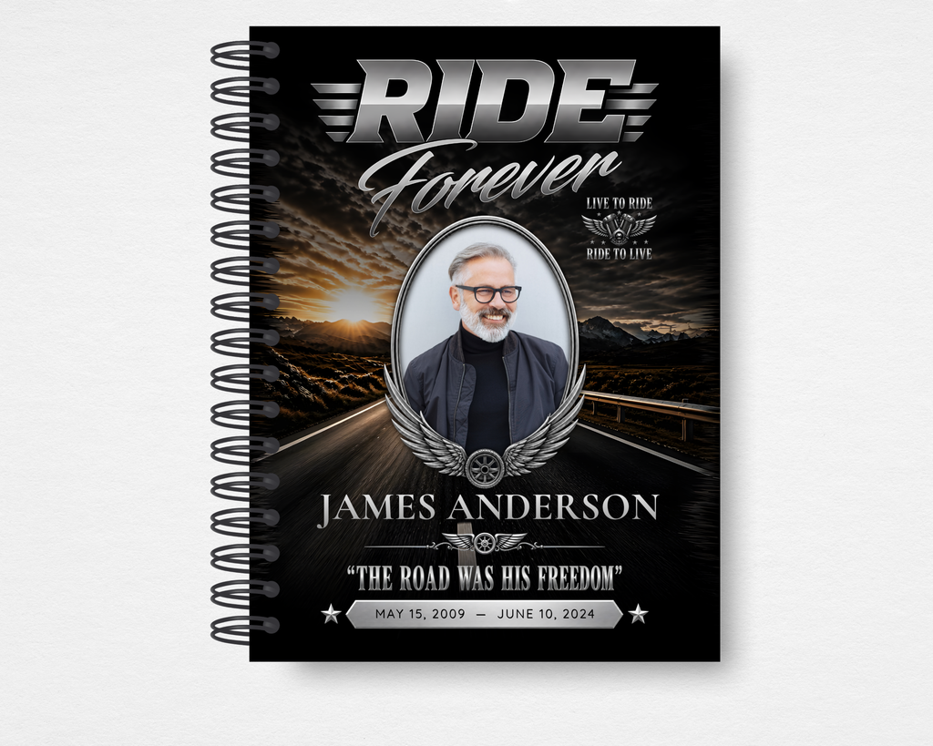Dark Highway Memorial Guest Book front cover — bold chrome "Ride Forever" headline, silver wing emblem, oval portrait frame, and dark highway sunset background. Motorcycle biker memorial design.