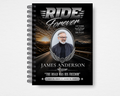 Dark Highway Memorial Guest Book front cover — bold chrome "Ride Forever" headline, silver wing emblem, oval portrait frame, and dark highway sunset background. Motorcycle biker memorial design.