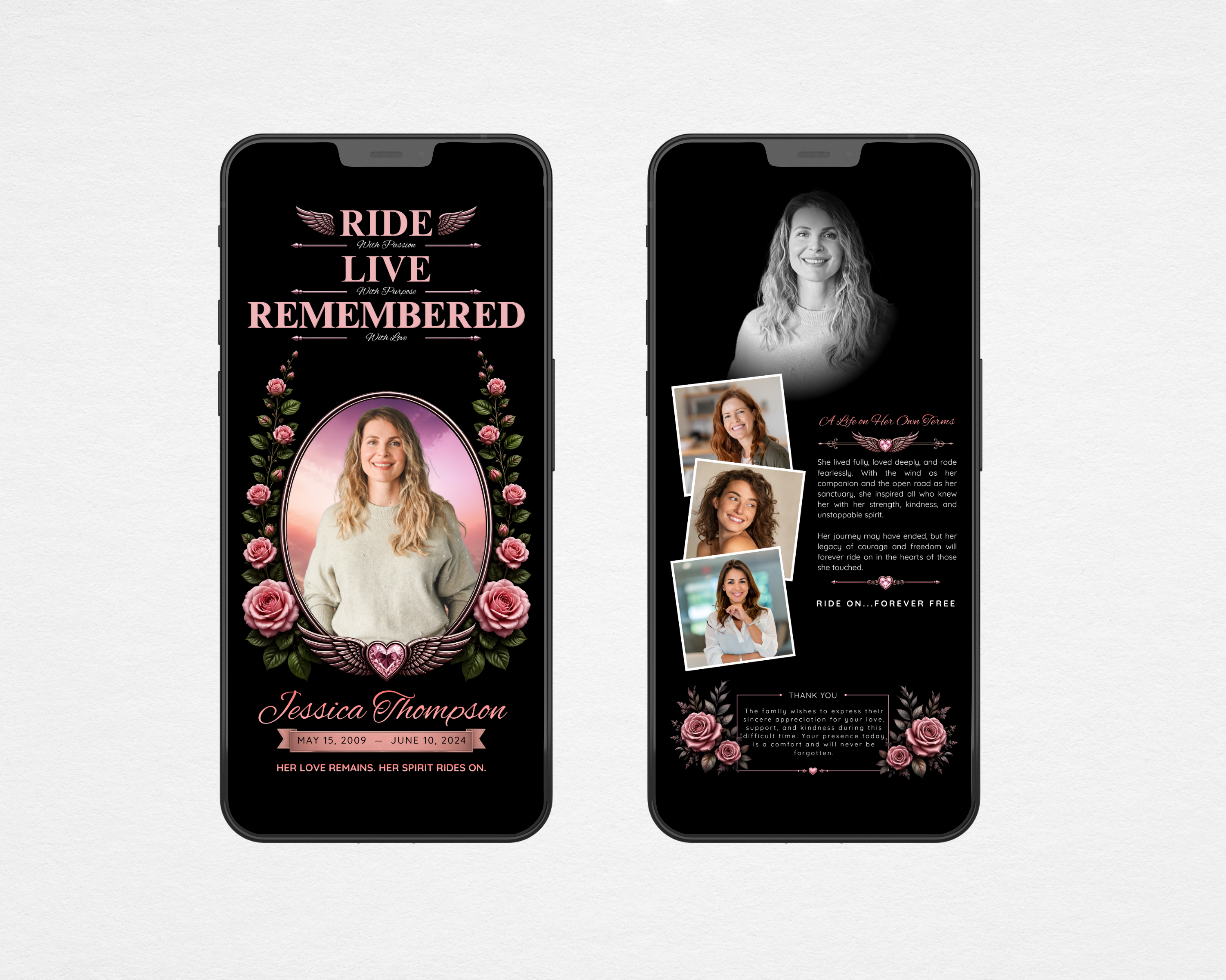 Feminine motorcycle funeral program template shown on [device] — front cover with black background, pink roses and angel wings design