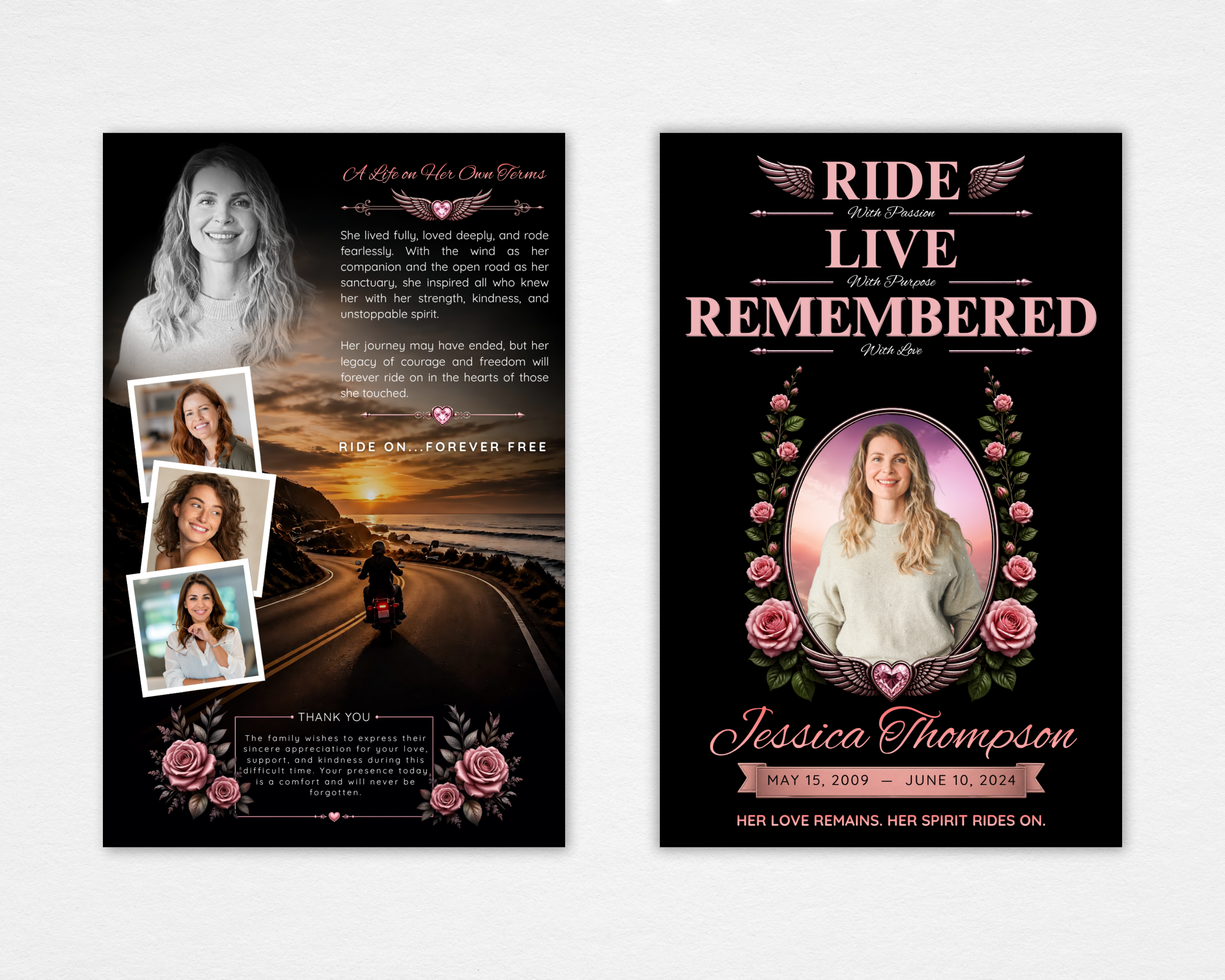 Feminine motorcycle funeral program template front cover editable Canva design instant download

