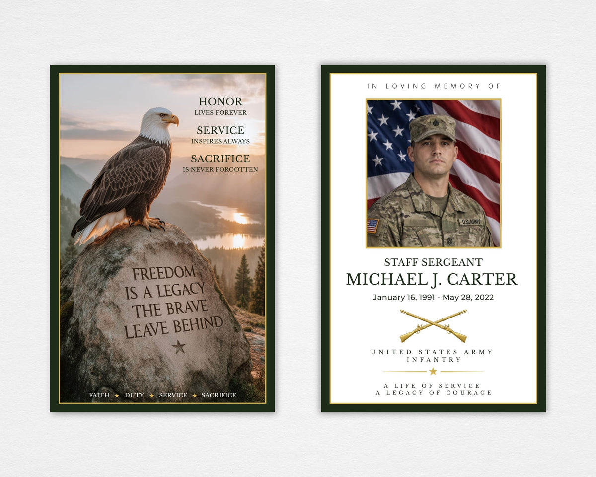Legacy of Freedom military memorial funeral program mockup showing an eagle above a mountain landscape with the words “Freedom Is a Legacy the Brave Leave Behind,” beside a cream Army portrait cover with crossed rifles, Standard size
