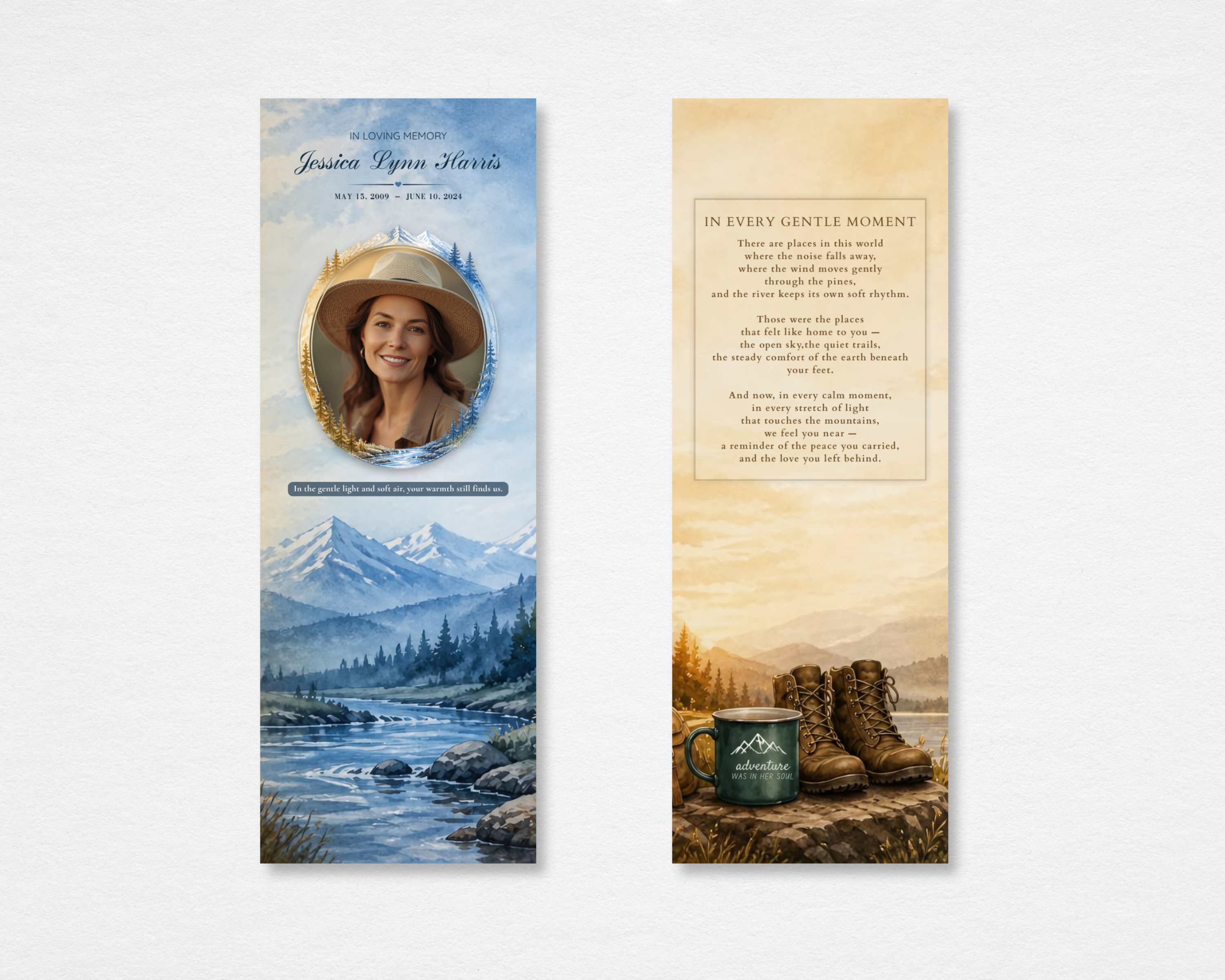Rustic Nature Memorial Bookmark front and back — watercolor mountain river landscape with oval photo frame on front, warm parchment poem panel with hiking boots and camp mug on back, Canva editable instant download