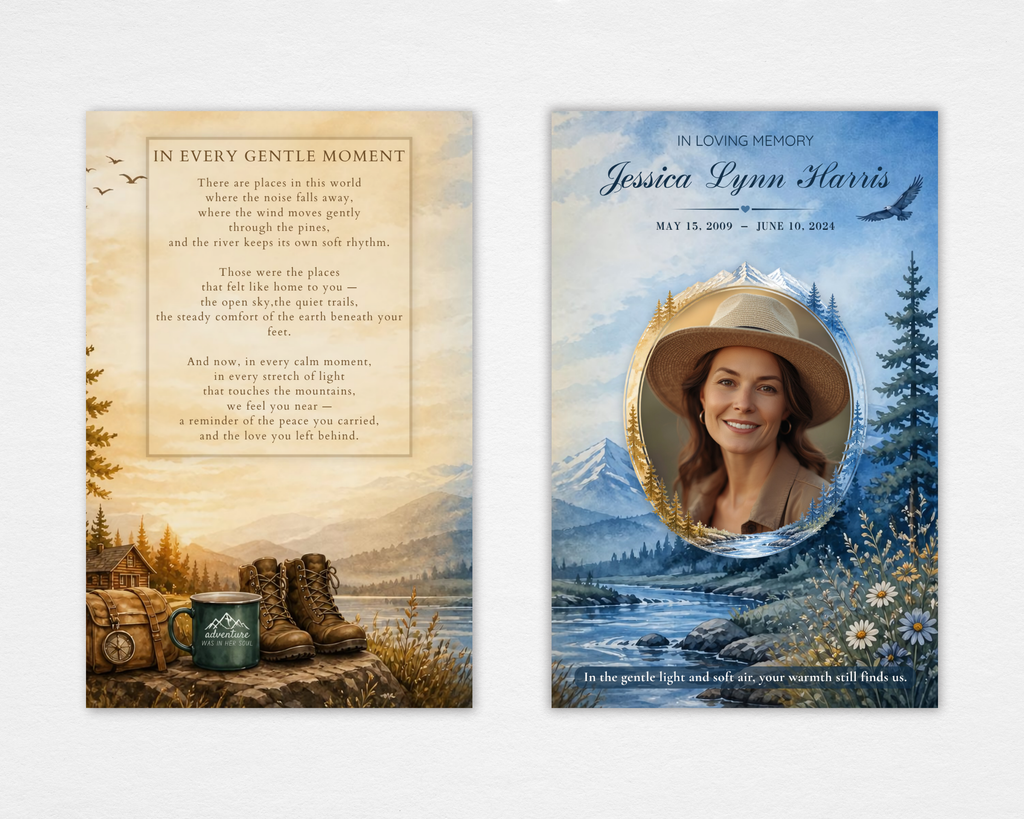 Rustic nature funeral program template — front cover with mountain river landscape, oval photo placeholder, and name; back page with poem and nature scene
