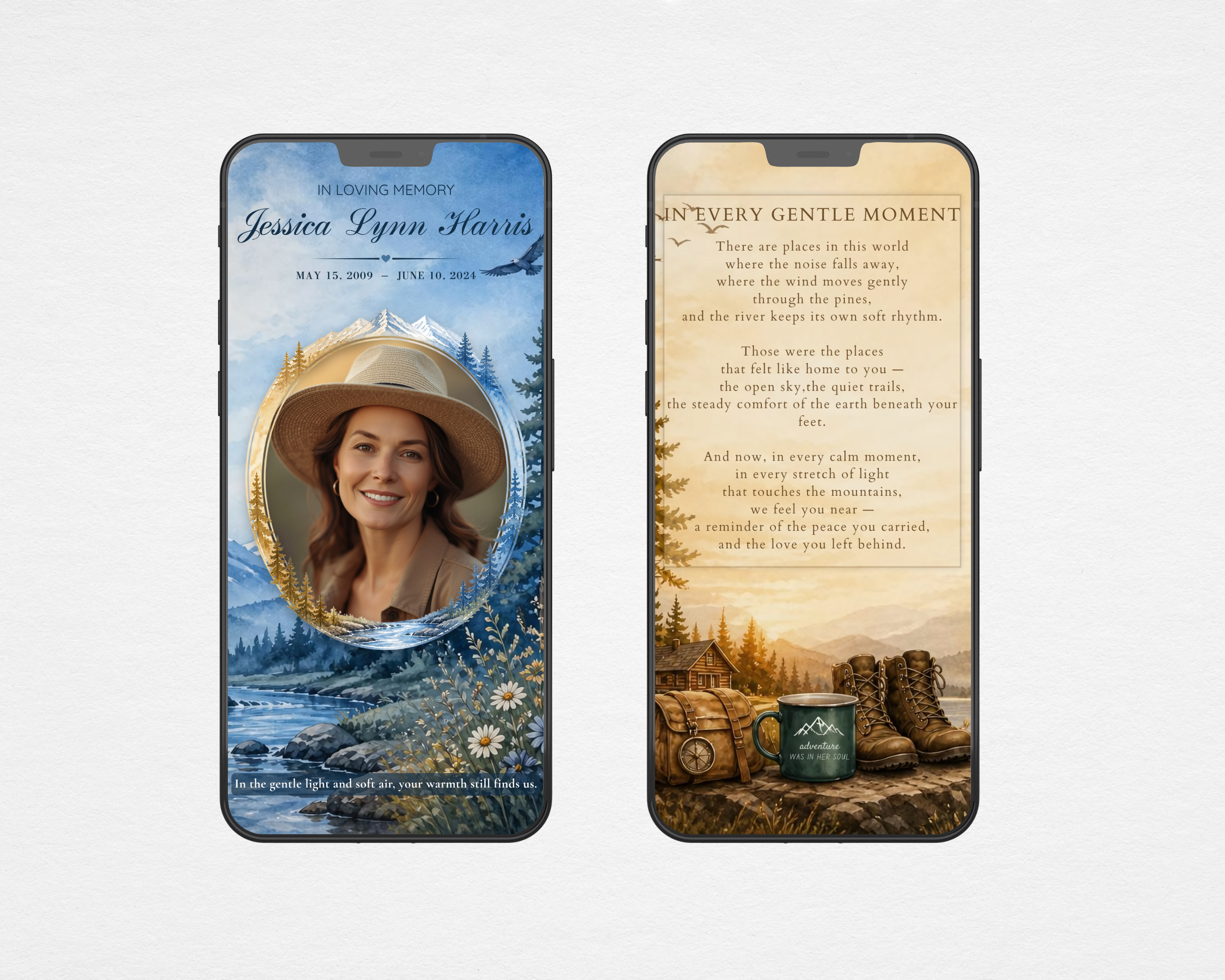 Rustic nature funeral program template shown on two phones — front cover and back page with mountain river scene and poem
