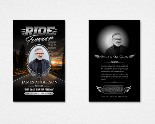 Dark Highway Memorial Prayer Card — front shows chrome "Ride Forever" headline, silver wings, oval portrait frame, and dark highway sunset background; back shows "Forever in Our Hearts" tribute with blended portrait photo and "Ride On... Until We Meet Again" sentiment. Masculine motorcycle biker memorial design.