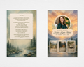 Watercolor Wilderness Memorial Prayer Card Template — front and back mockup showing mountain landscape with river, pine trees, and golden sunset sky, circular photo frame on front with name and dates, 23rd Psalm on back, editable in Canva